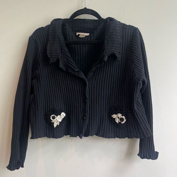 Vintage Y2K Ribbed Button Washed Black Crop Top w/ Knit Detail - Medium - Picture 1 of 5